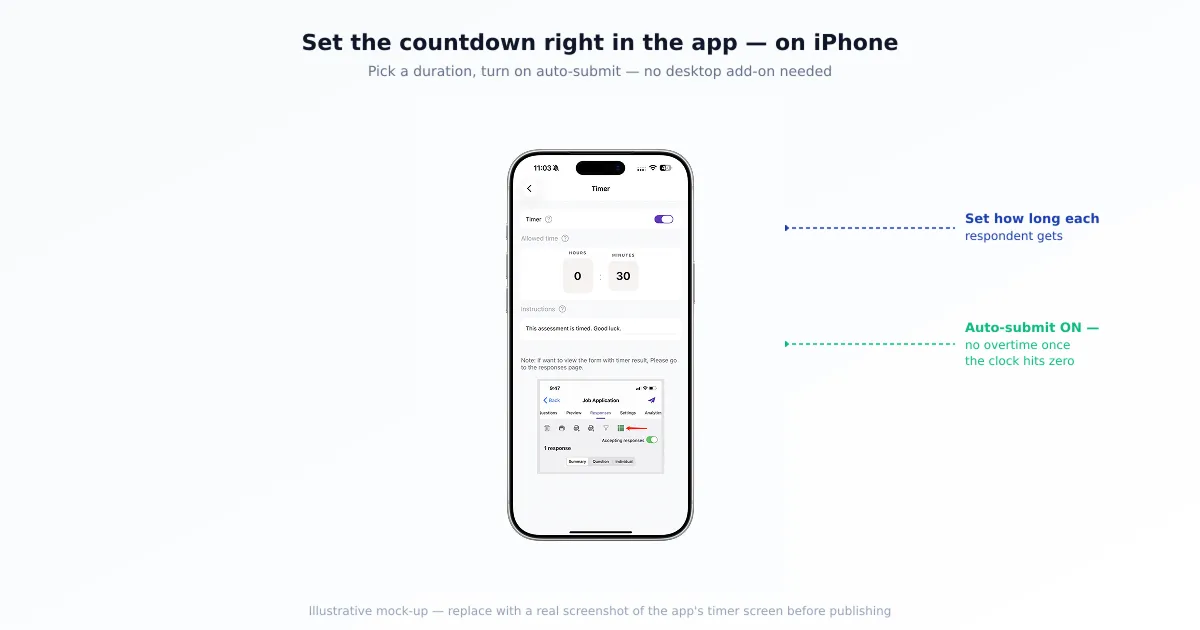 Configuring a countdown timer with auto-submit for a Google Form in the Forms for Google Drive app on iPhone