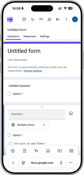 Creating a Google Form in Safari on iPhone