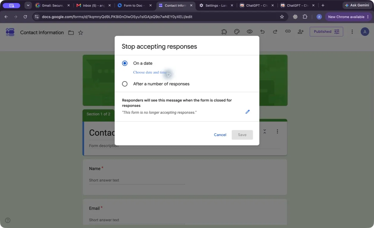 Google Forms published settings showing the closing-date and response-limit choices