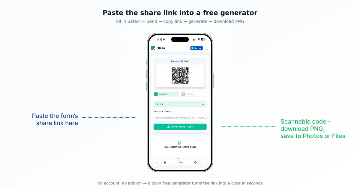 iPhone Safari with a Google Form share link pasted into a free QR code generator