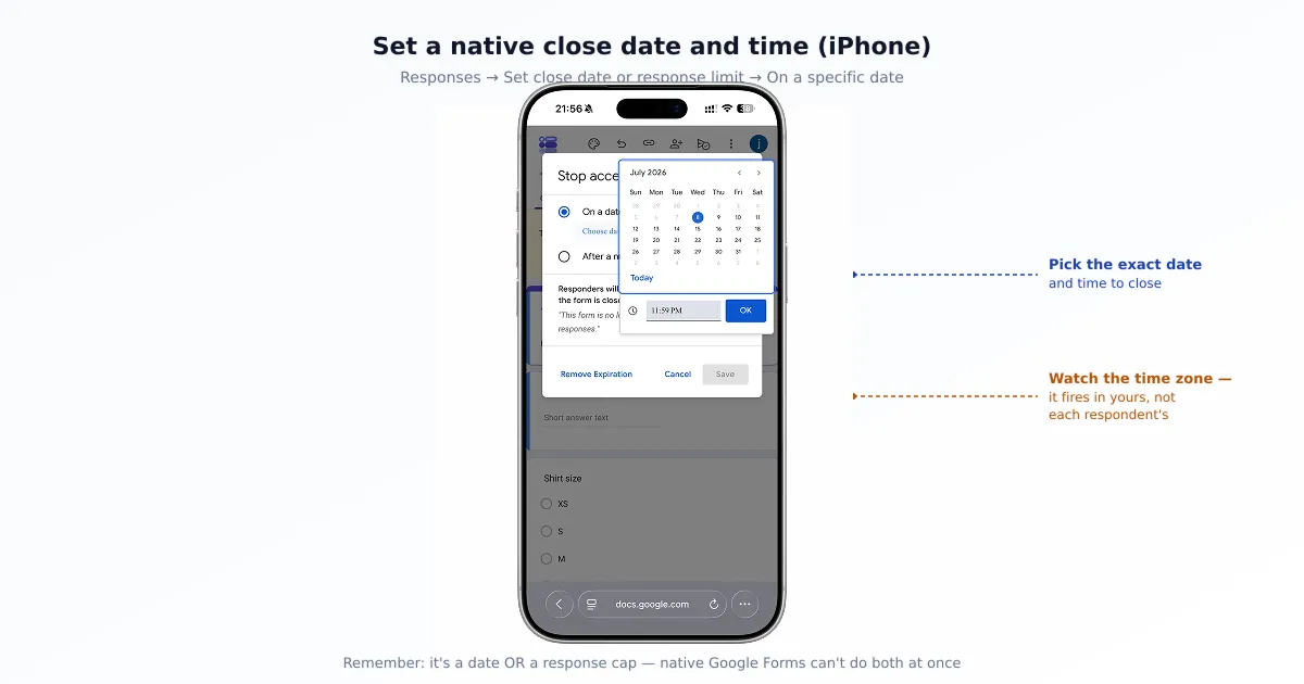 Setting a native close date and time in the Google Forms publish settings on iPhone