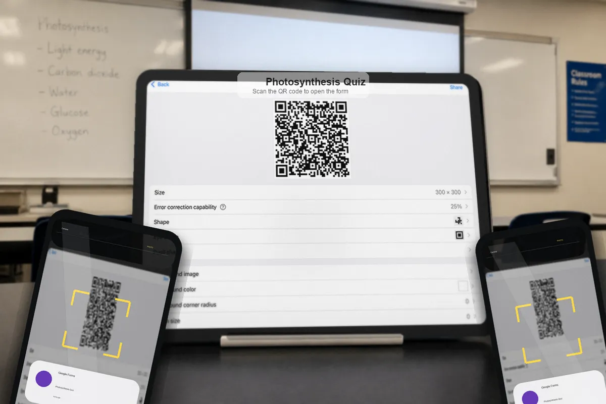 iPad displaying a Google Form QR code for students to scan in a classroom