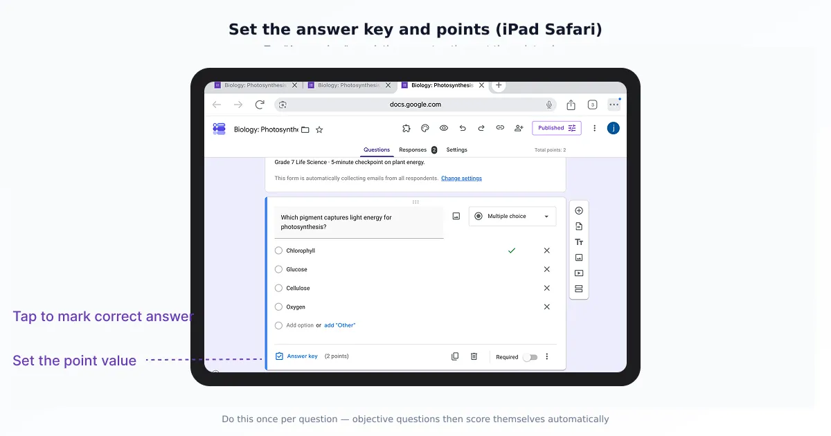 Setting an answer key and points for a Google Forms quiz question on iPad Safari