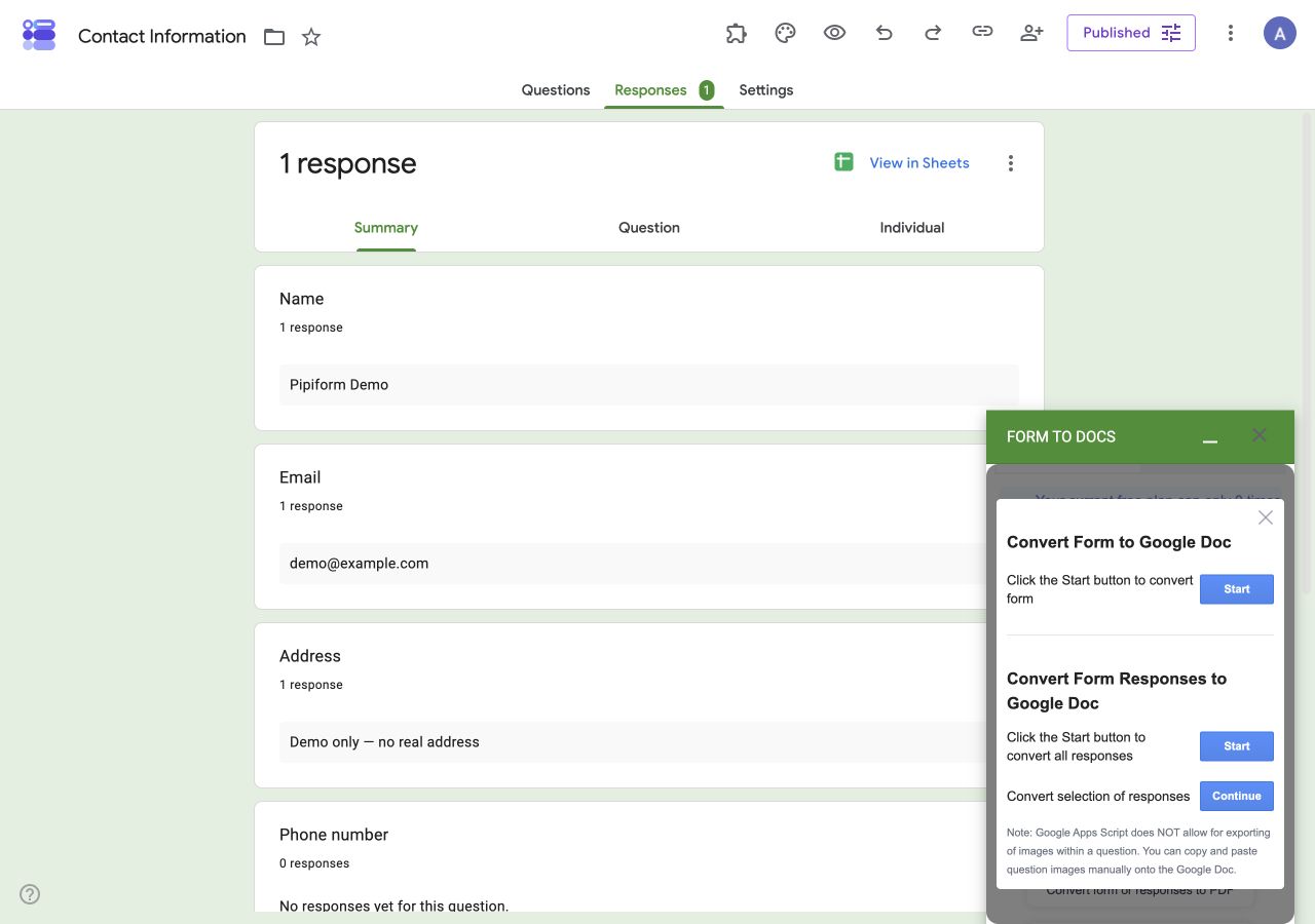 Form to Docs desktop panel showing separate operations for form questions and responses