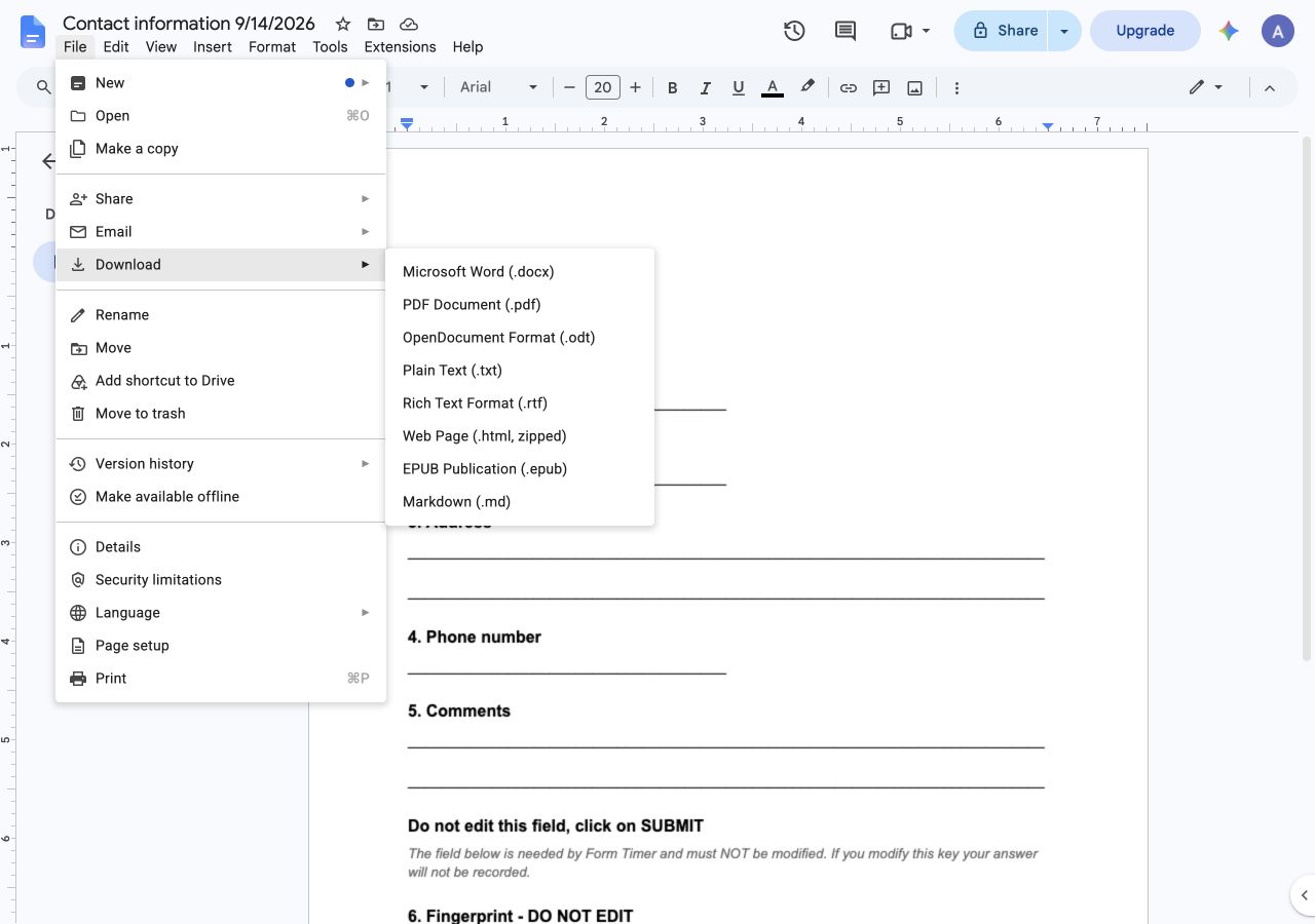 Google Docs download menu with Word and other document formats