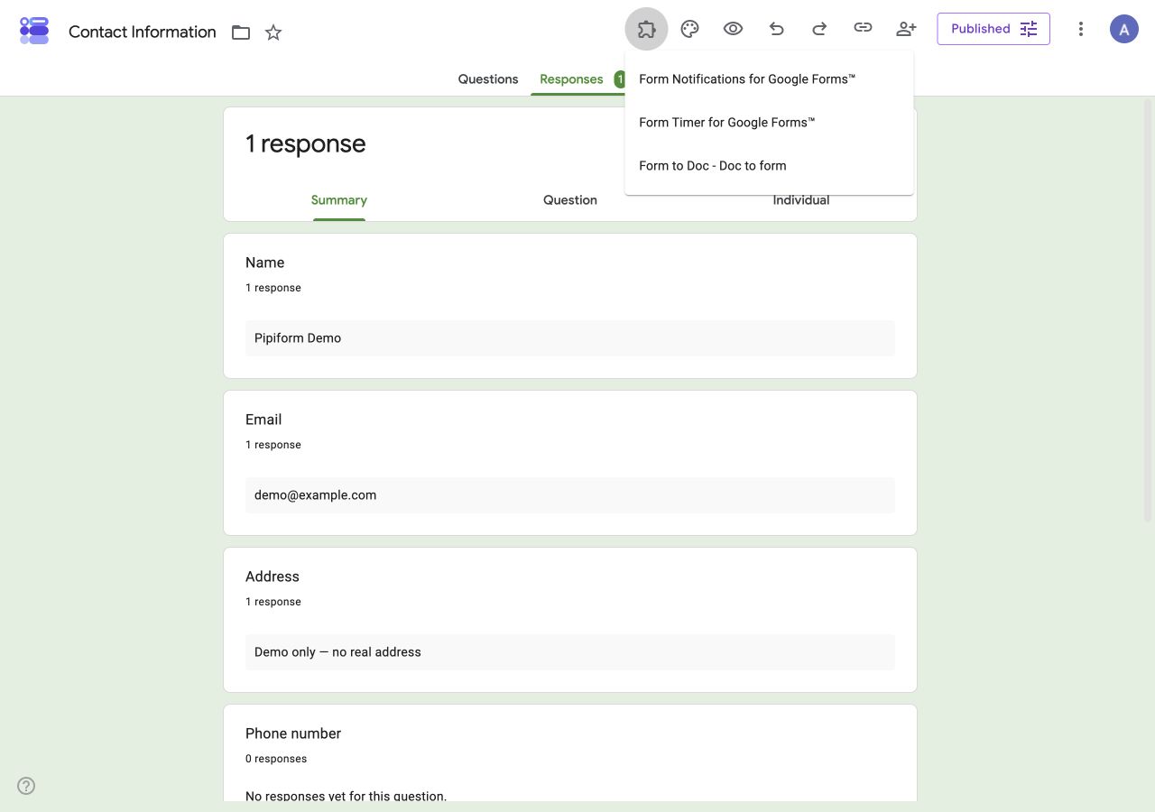 Google Forms desktop Add-ons menu showing the installed pipiform products