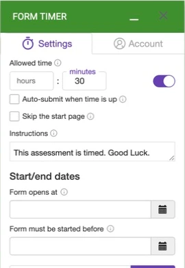 Form Timer Settings with a 30-minute allowance, auto-submit checkbox, instructions and start dates