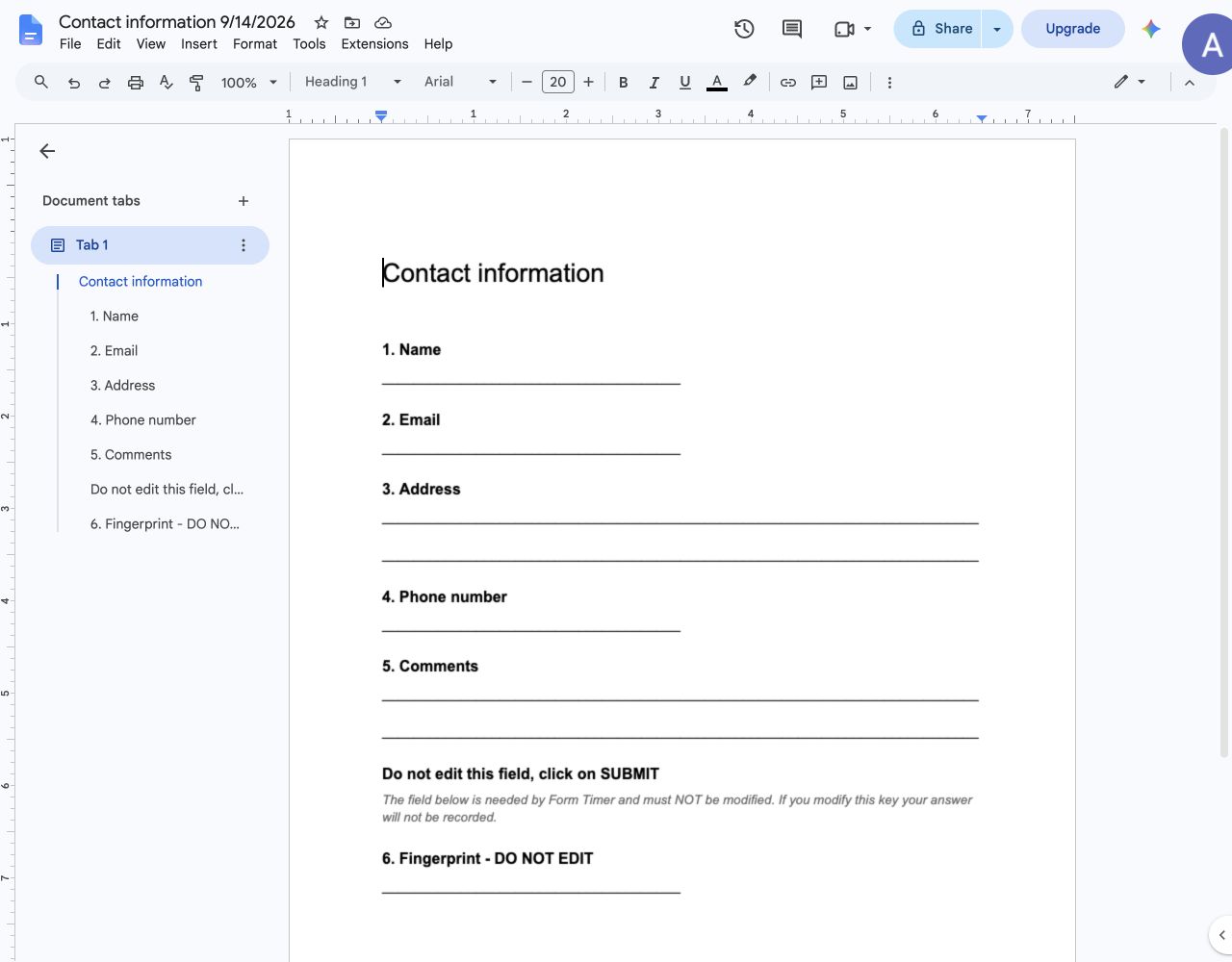 Google Docs document generated from a test form, showing question labels and blank answer lines