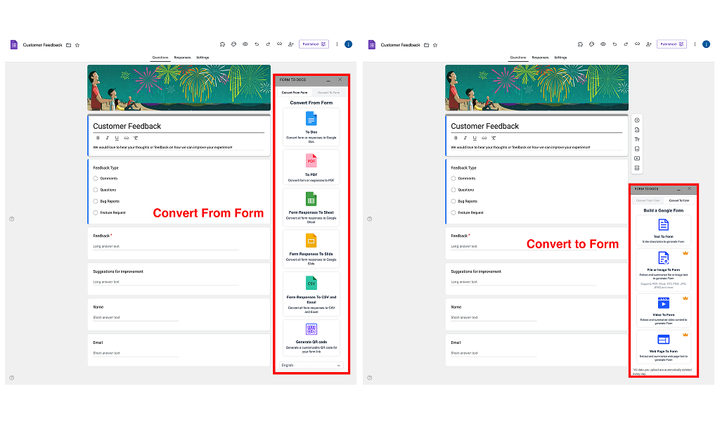 Google Forms'dan Doc'a - Yapay zeka özellikli iki yönlü dönüştürme arayüzü
