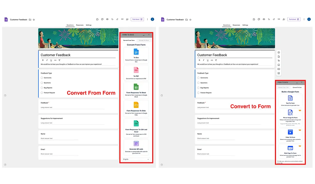 Google Forms to Docs Converter - Two-way conversion interface with AI capabilities