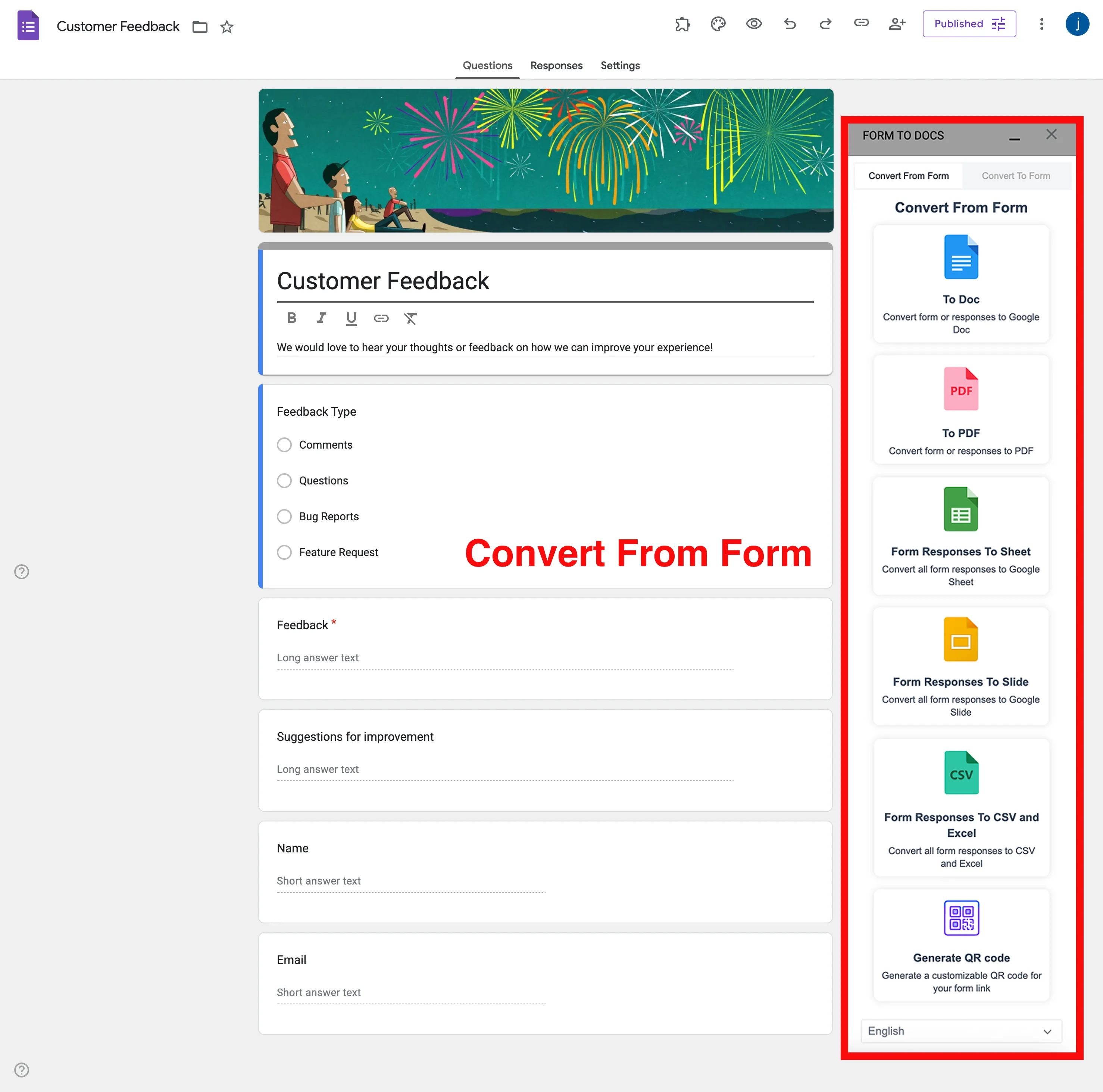 Google Forms to Docs Converter - Export options and conversion interface