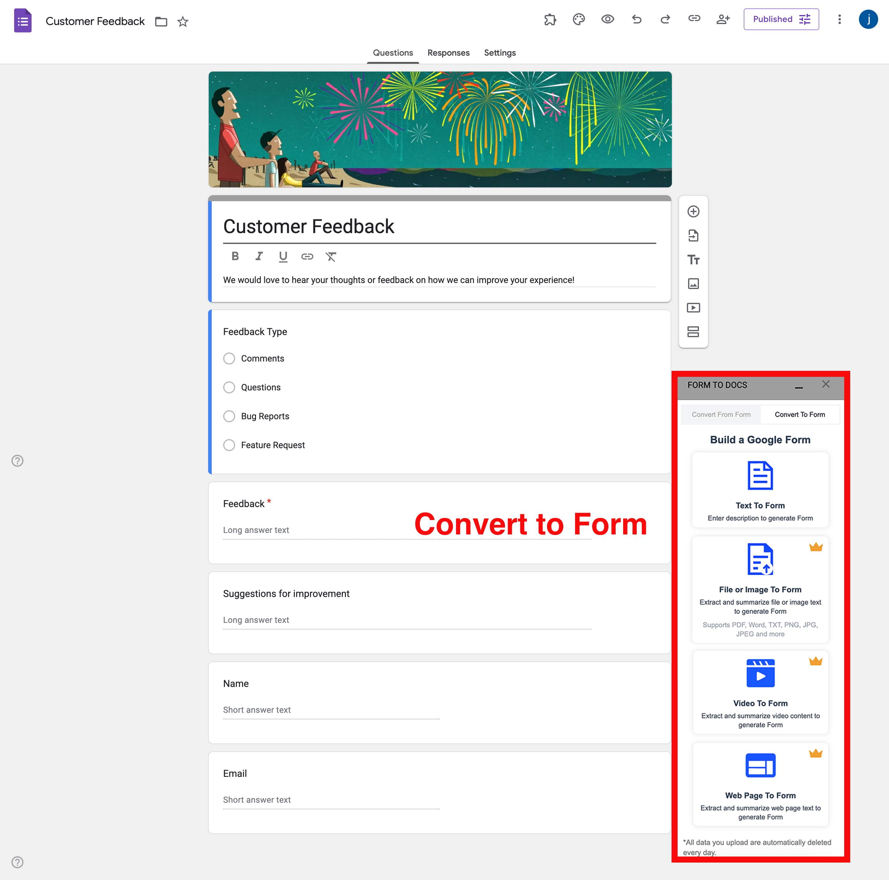 Google Forms'dan Doc'a - Yapay zeka destekli form oluşturma arayüzü
