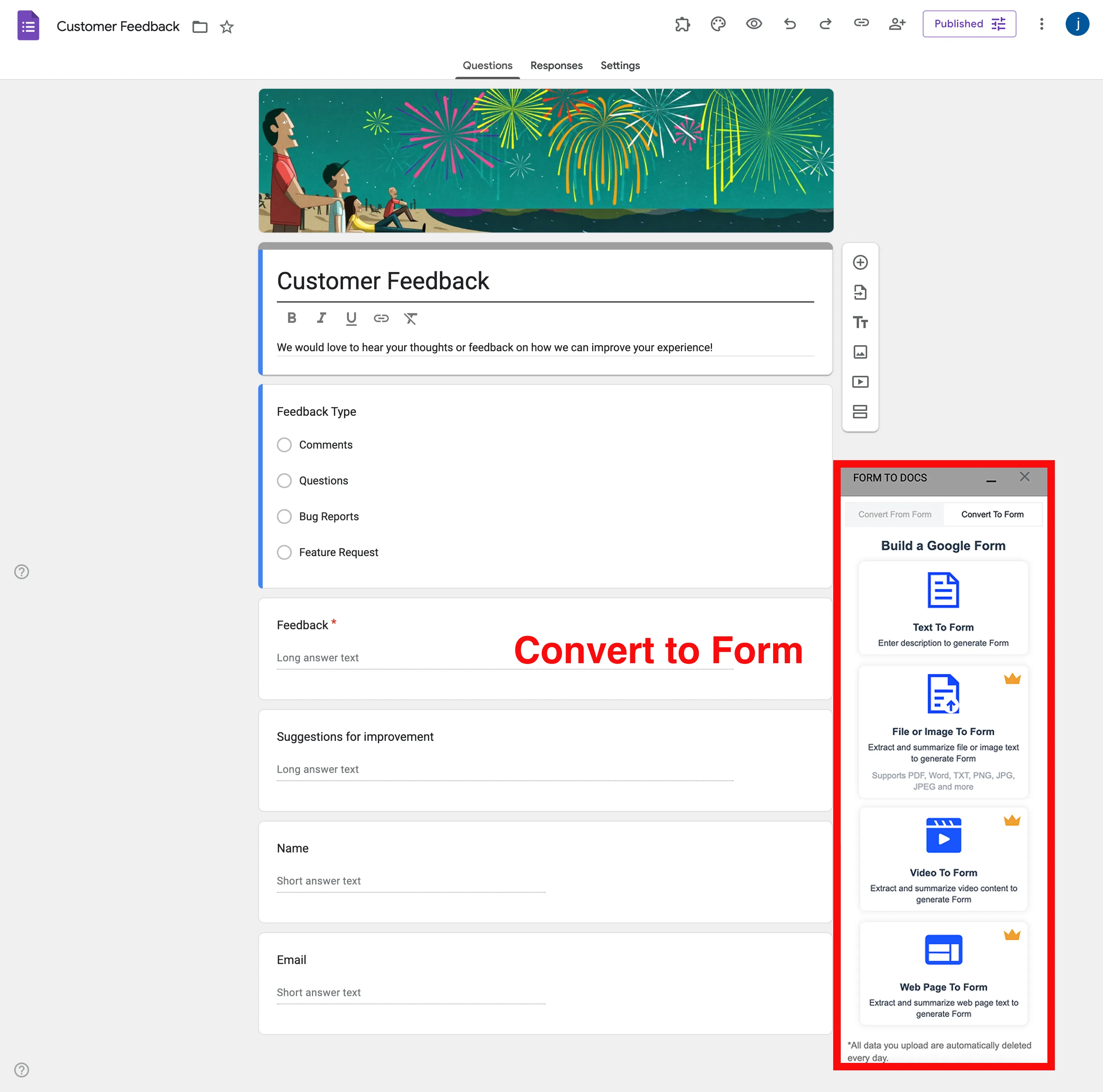 Google Forms to Docs Converter - AI-powered form creation interface