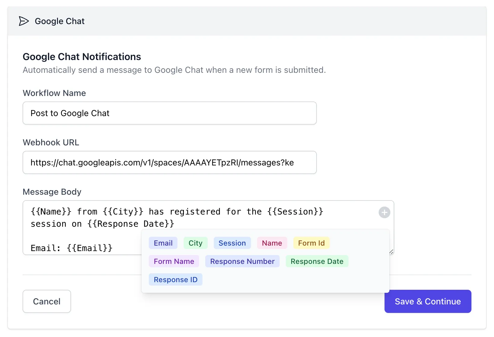 फॉर्म के साथ Google Chat कनेक्ट करें