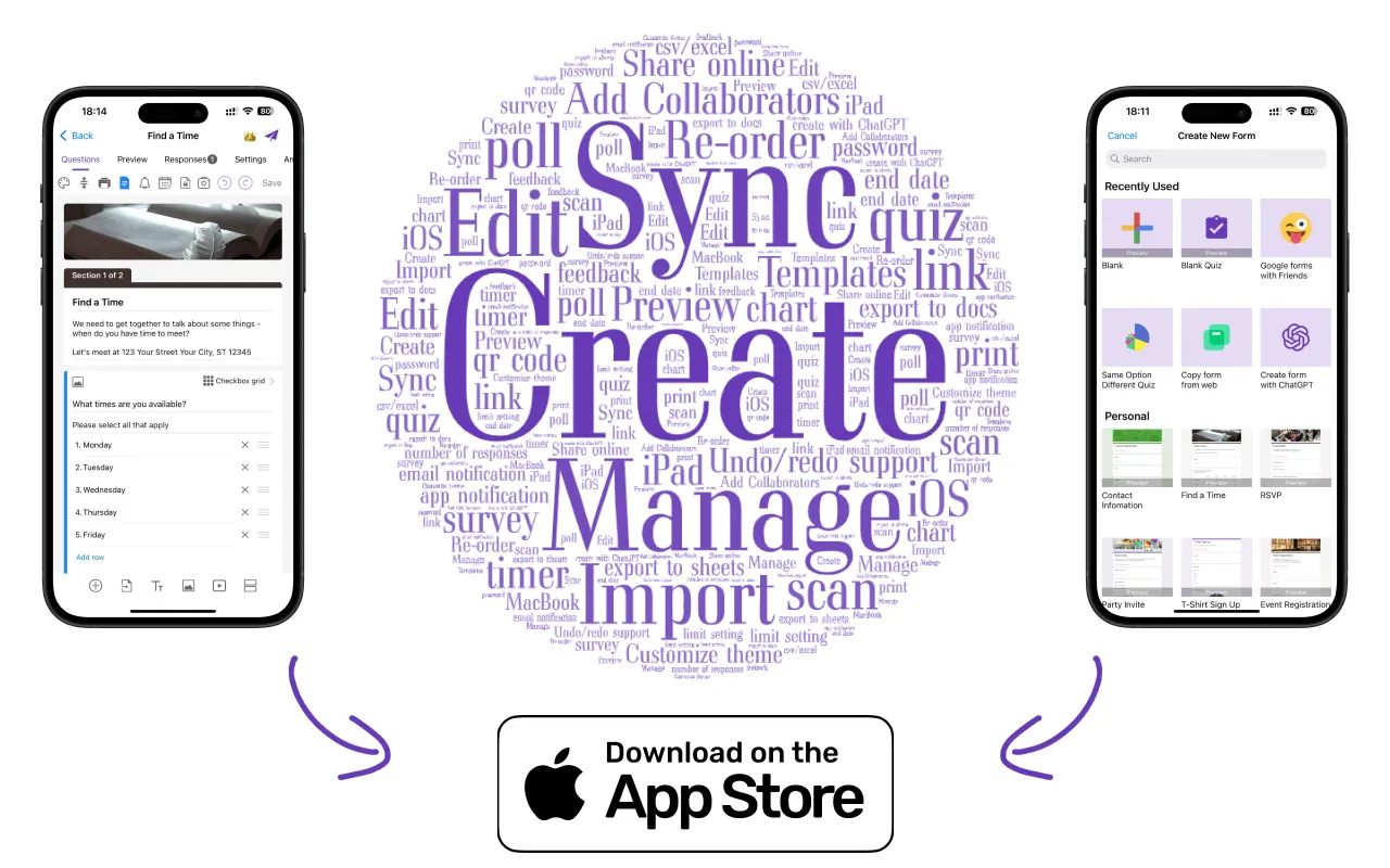 iOS App for Google Forms - Main interface with over 100 Google Forms features and add-ons