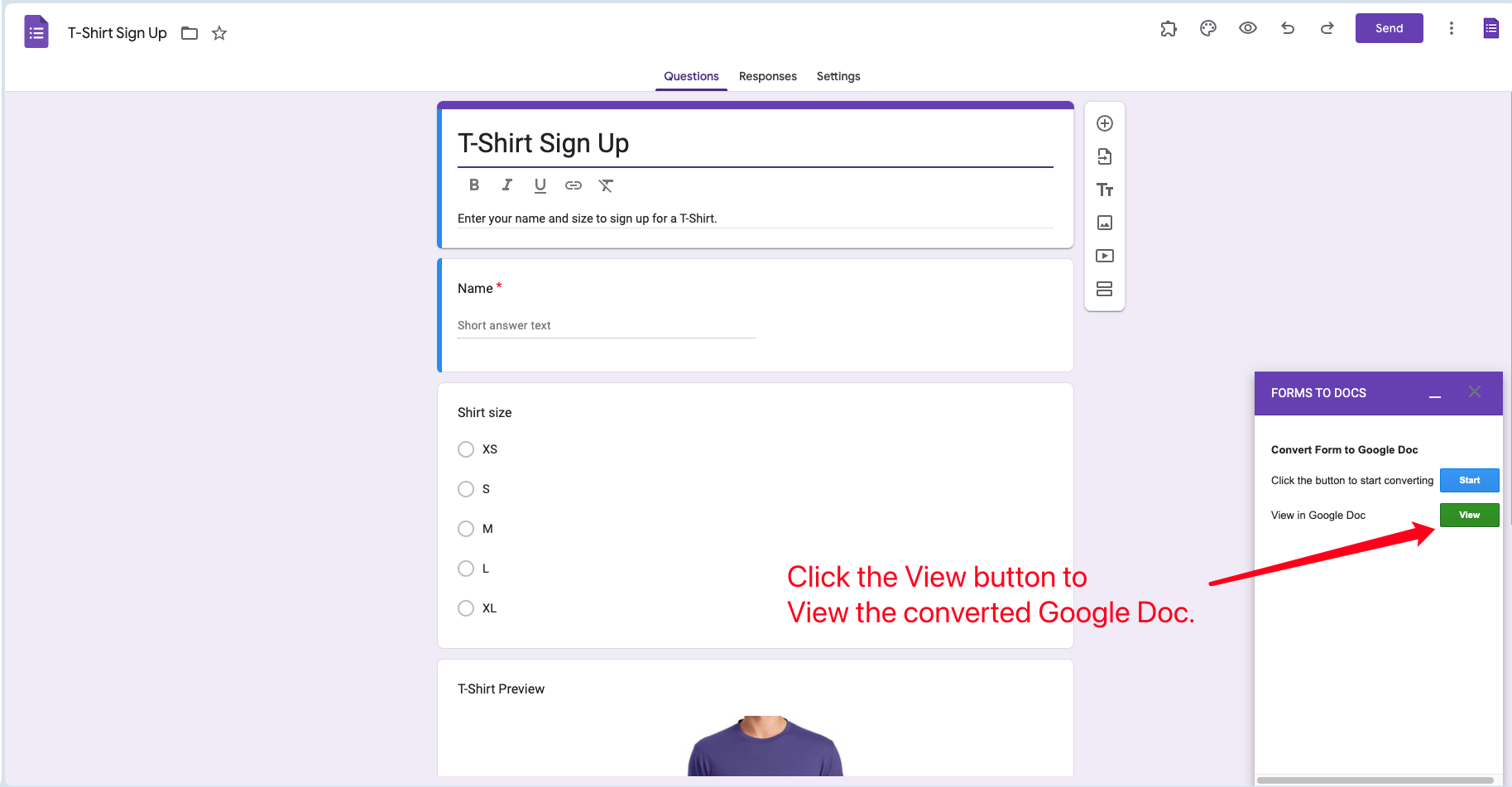 Google Forms 轉文件 - 轉換後的 Google Docs 文件預覽，帶有查看按鈕
