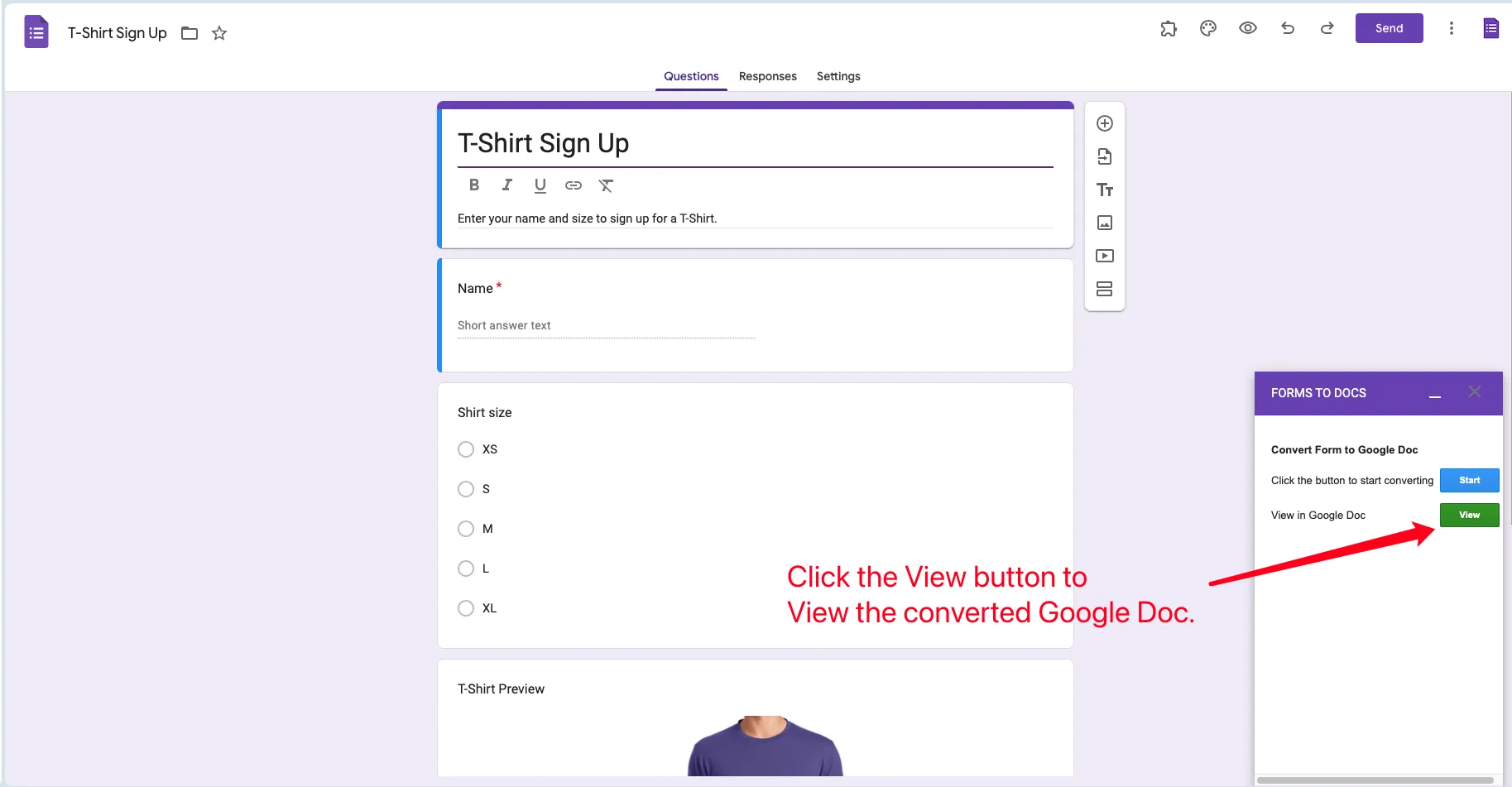 Google Forms เป็น Doc - ตัวอย่างเอกสาร Google Docs ที่แปลงแล้วพร้อมปุ่มดู