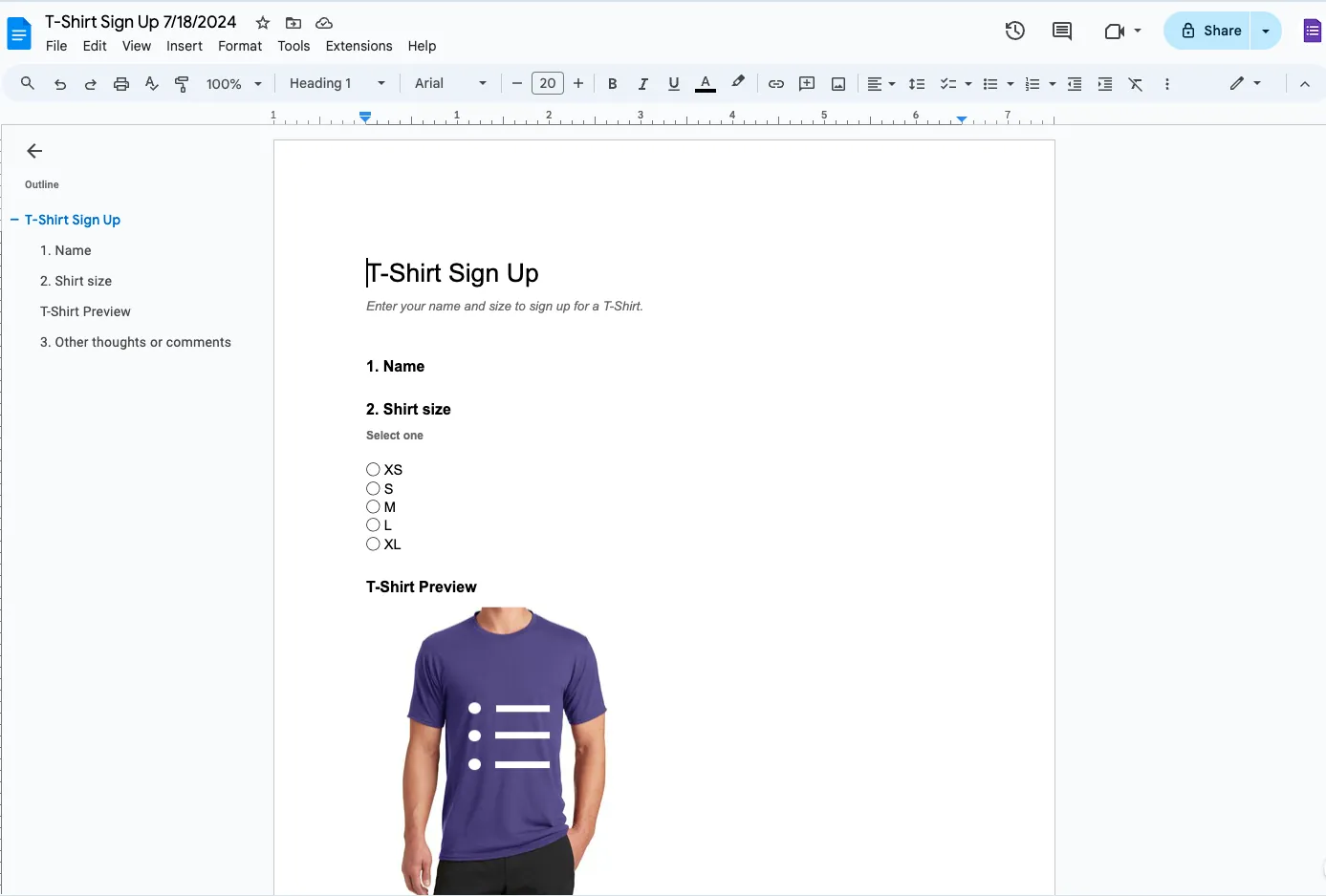 Google Forms เป็น Doc - เอกสาร Google Docs สุดท้ายที่แก้ไขได้แสดงเนื้อหาฟอร์มที่แปลงแล้ว