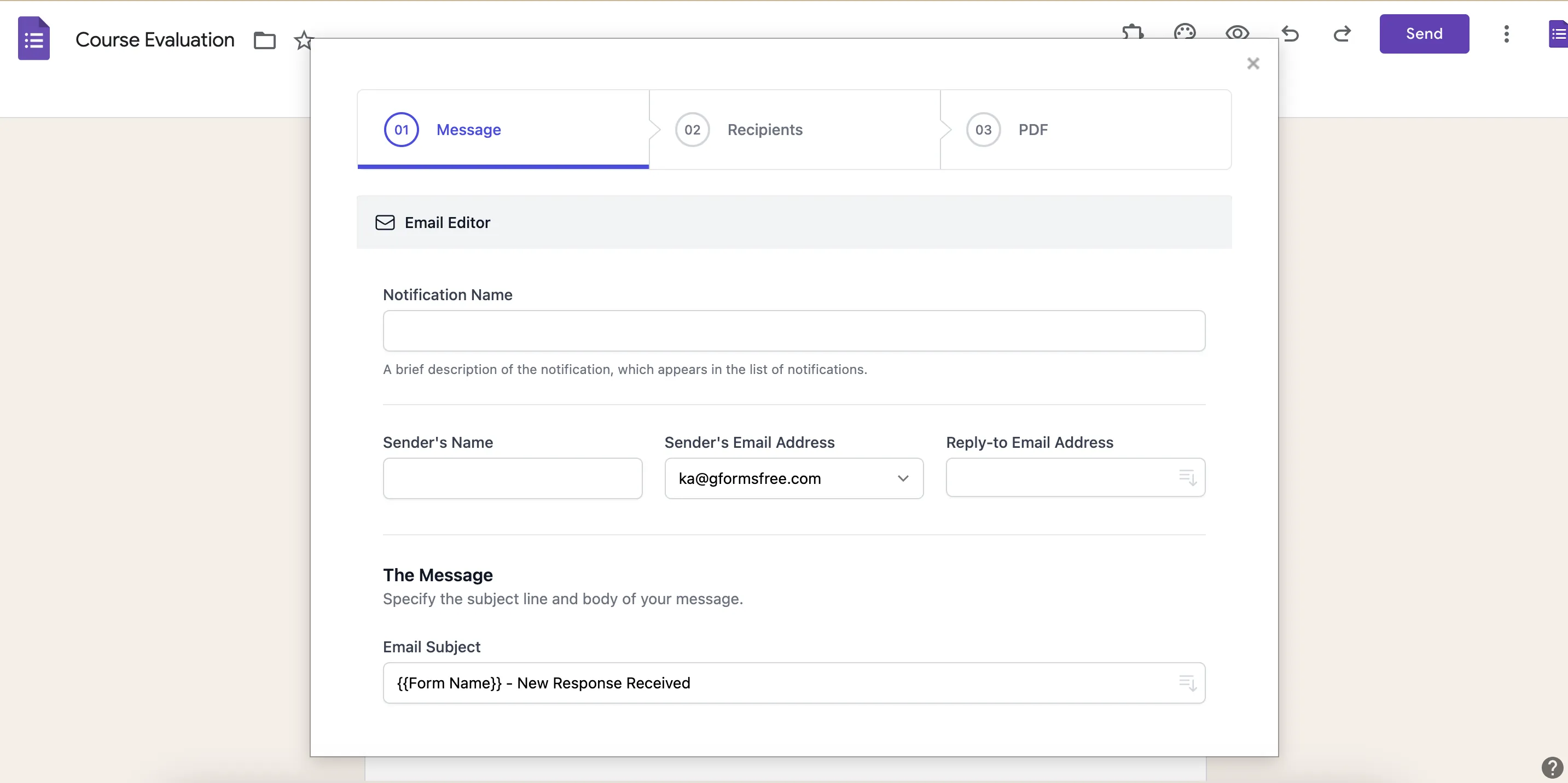 Email Notifications for Google Forms - Main interface of the notification add-on with multiple integration options