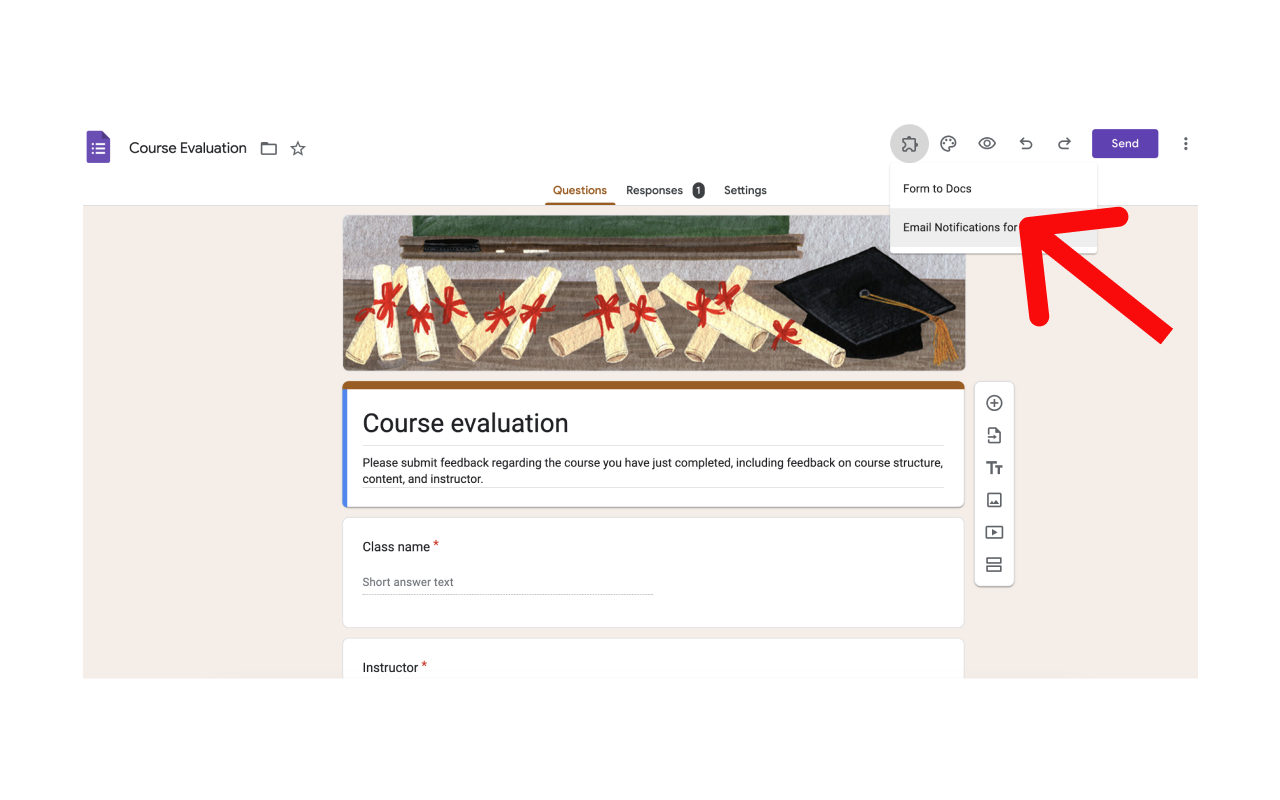 Google Forms eklenti menüsünden bildirim eklentisini seçme