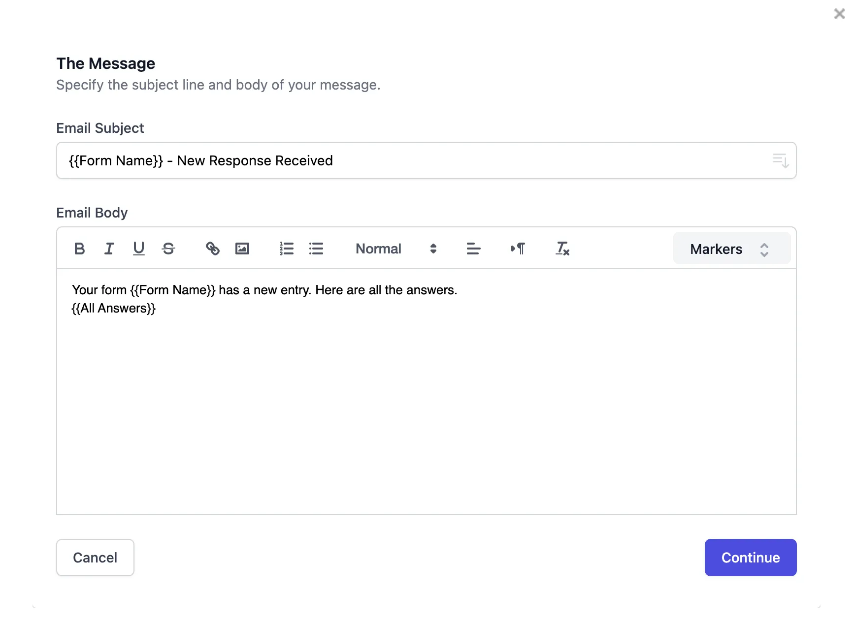 Email Notifications for Google Forms - Email template customization screen with form field insertion