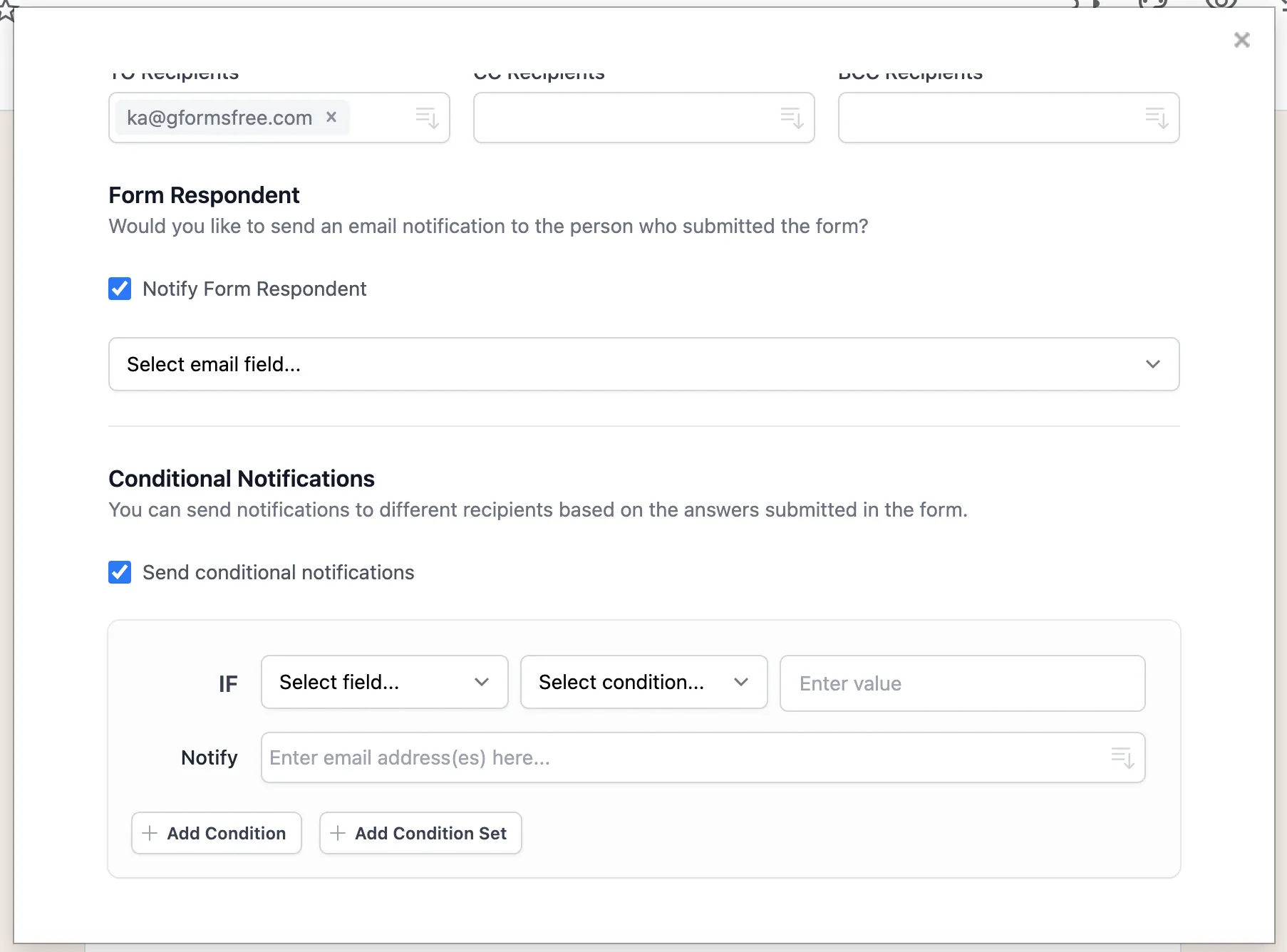 Email Notifications for Google Forms - Notification rules and conditions settings panel