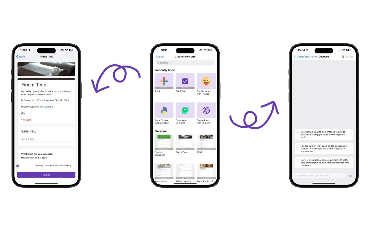 iOS App for Google Forms - Form creation interface with templates and ChatGPT integration for easy form building