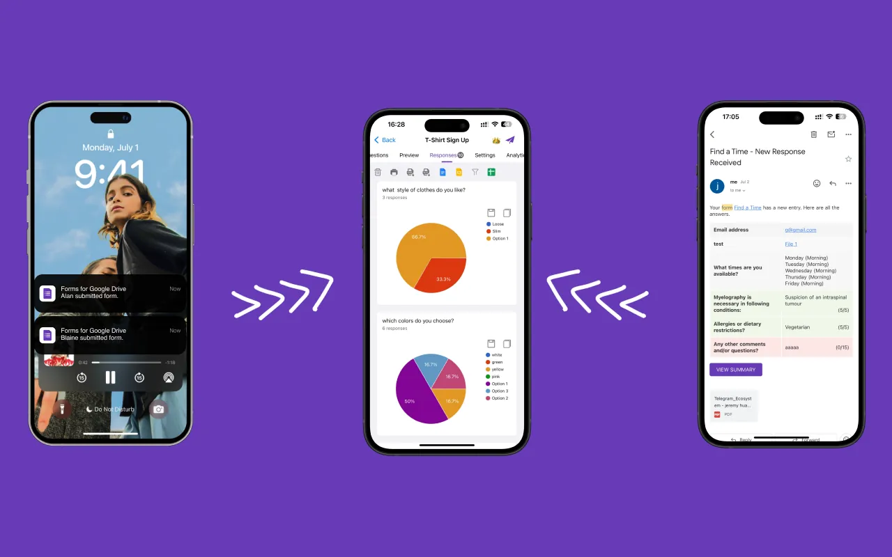 iOS App for Google Forms - Response viewing interface with notification options for form submissions