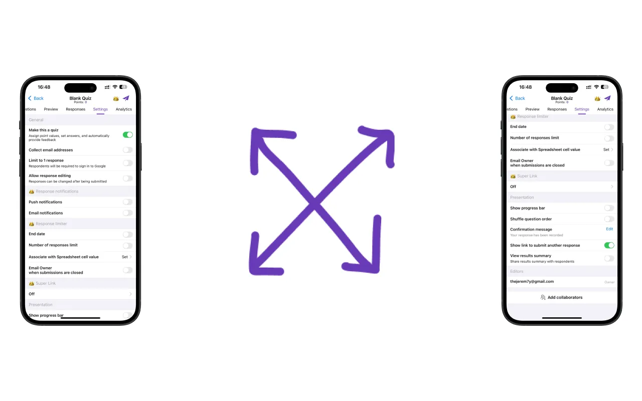 iOS App for Google Forms - Advanced limit settings for response count, end date, and presentation options