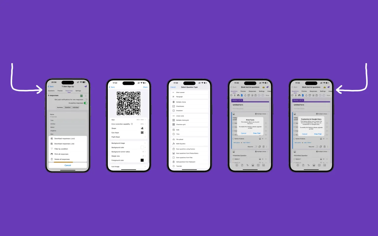 iOS App for Google Forms - Data analysis tools with export options to Google Docs, Sheets, and QR code generation