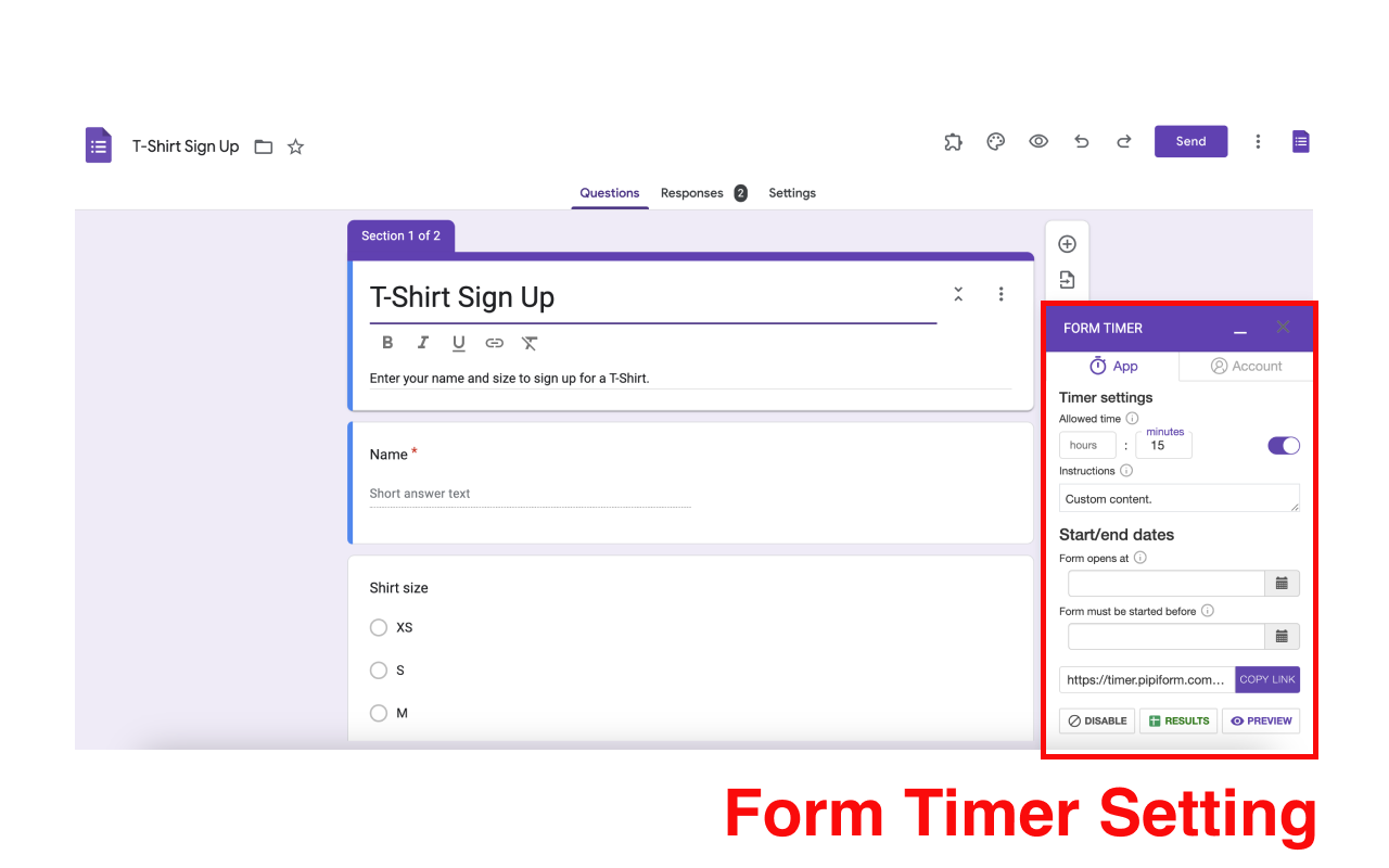 Google Forms Zamanlayıcı - Geri sayım ayarları ve zaman sınırı yönetimi ile ana arayüz