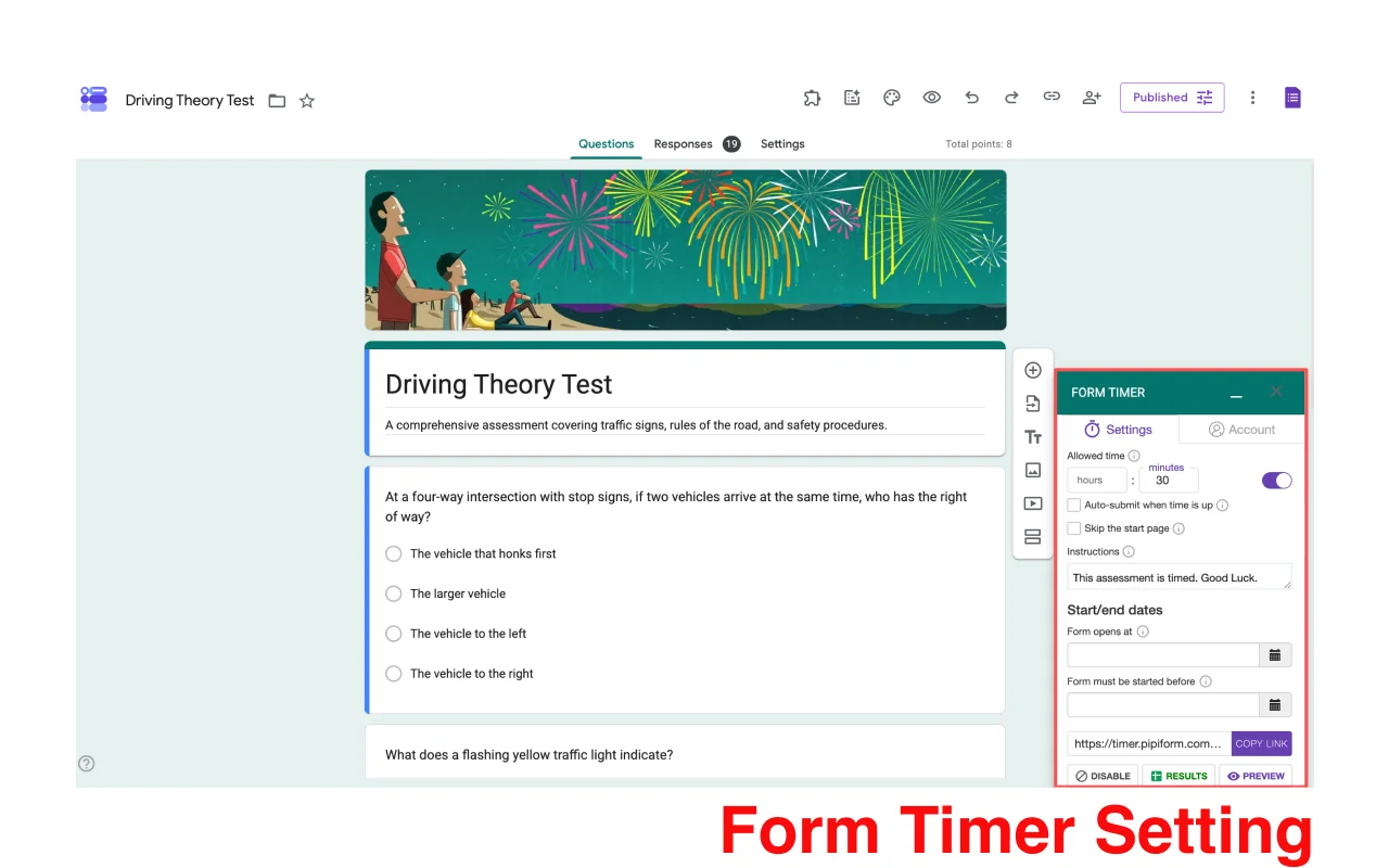 Timer for Google Forms - Form Timer settings panel open in a timed Google Forms quiz