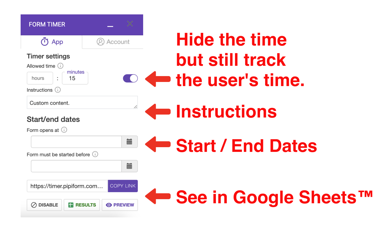 Google Forms Zamanlayıcı - Zaman sınırları ve zamanlayıcı seçenekleri için detaylı yapılandırma paneli