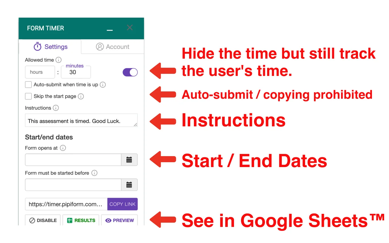 Timer for Google Forms - Configuration panel with time limit, auto-submit when time is up option, and start/end dates