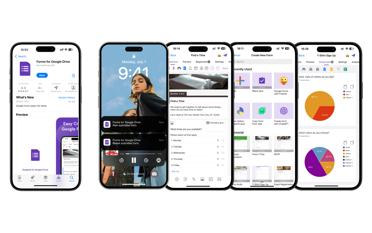 Google Forms iOS App - Mobile interface for creating and managing Google Forms with over 100 features